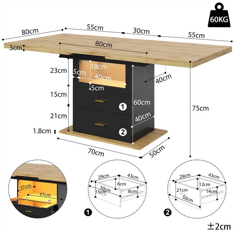 Tavolo allungabile con 2 cassetti e LED piano in MDF e metallo per cucina soggiorno e balcone nero effetto legno