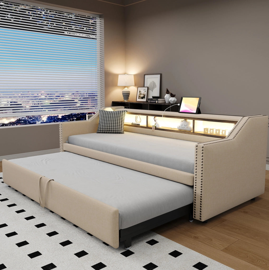 Divano letto estraibile imbottito 90/180x190 cm beige con LED e USB