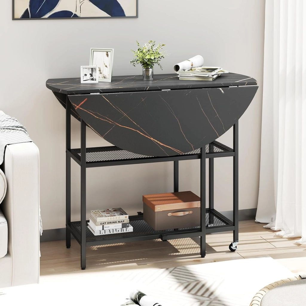 Tavolo Pieghevole Salvaspazio 100 x 100 x 80 cm, Tavolo da Pranzo Estensibile per 2-4 Persone con 2 Mensole di Stoccaggio e Ruote Bloccabili per Soggiorno, Appartamento e Ufficio (Nero)