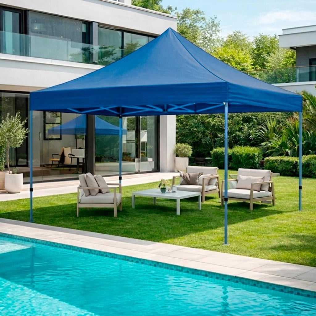 Gazebo Professionale In Acciaio Richiudibile Automatico Con Telo Oxford 1200D PVC Impermeabile E Anti UV Struttura A Fisarmonica Completo Di Sacche Zavorra E Borsa Trasporto Per Sagre Feste Eventi 3x3 M Blu