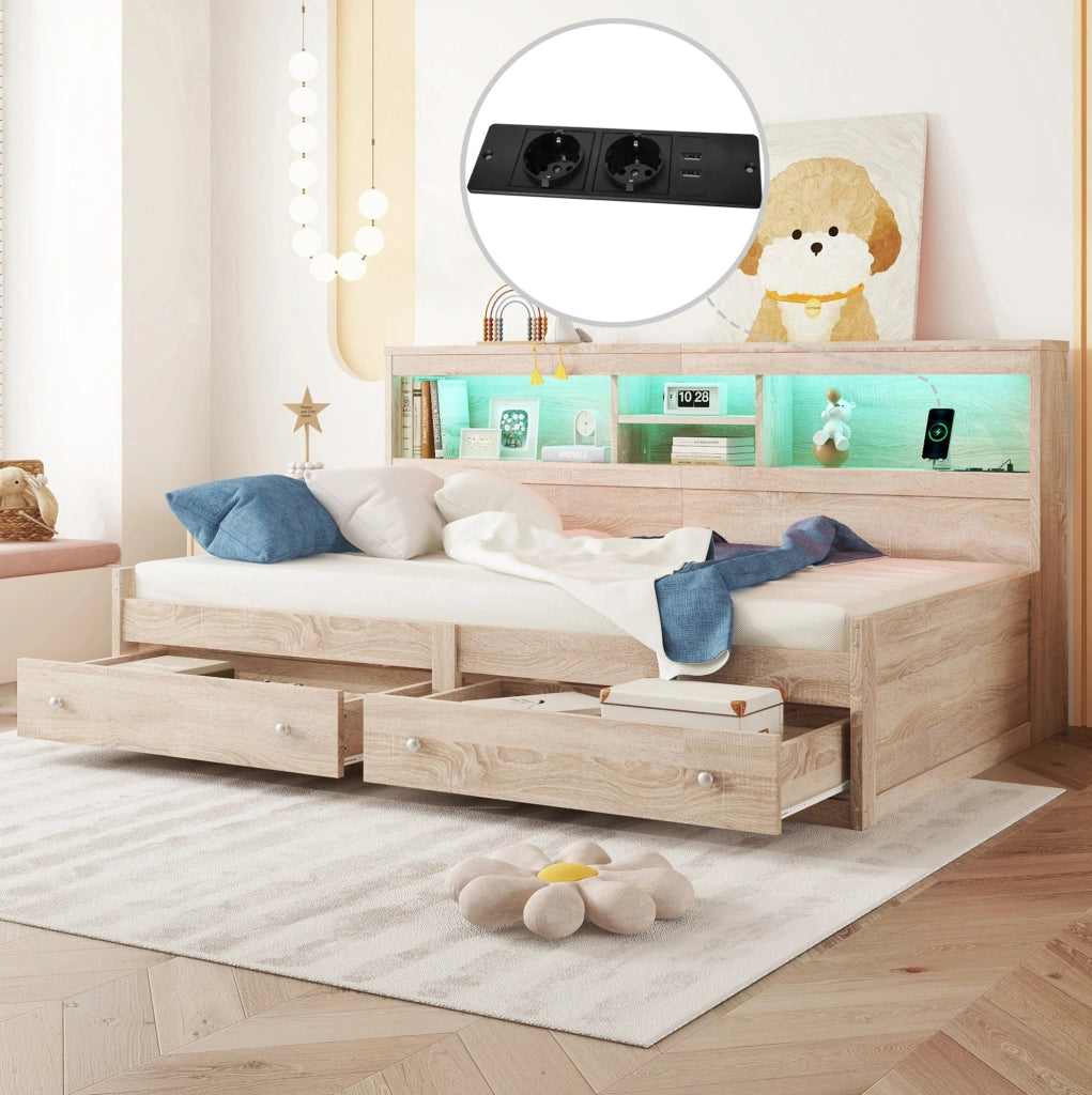Letto singolo 90x200 con LED, USB, prese e 2 cassetti