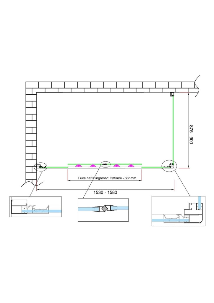Box doccia 6 mm H 190 parete fissa e porta a 4 ante con apertura centrale MISURA 87,5-90 ANTA FISSA + PORTA 153-158
