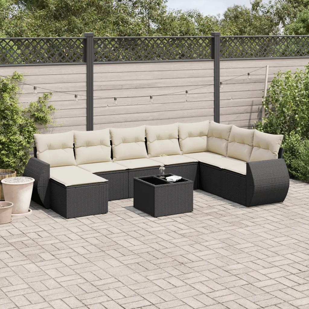 Set Divani da Giardino 9 pz con Cuscini Nero in Polyrattan