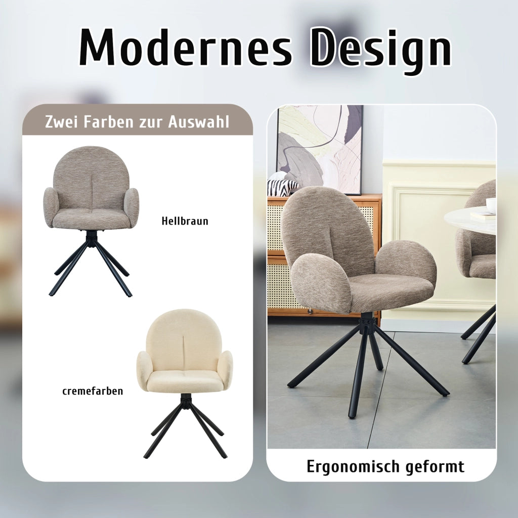 SEDIA Girevole da pranzo Set da 2 pezzi con braccioli Chenille Nero/Taupe