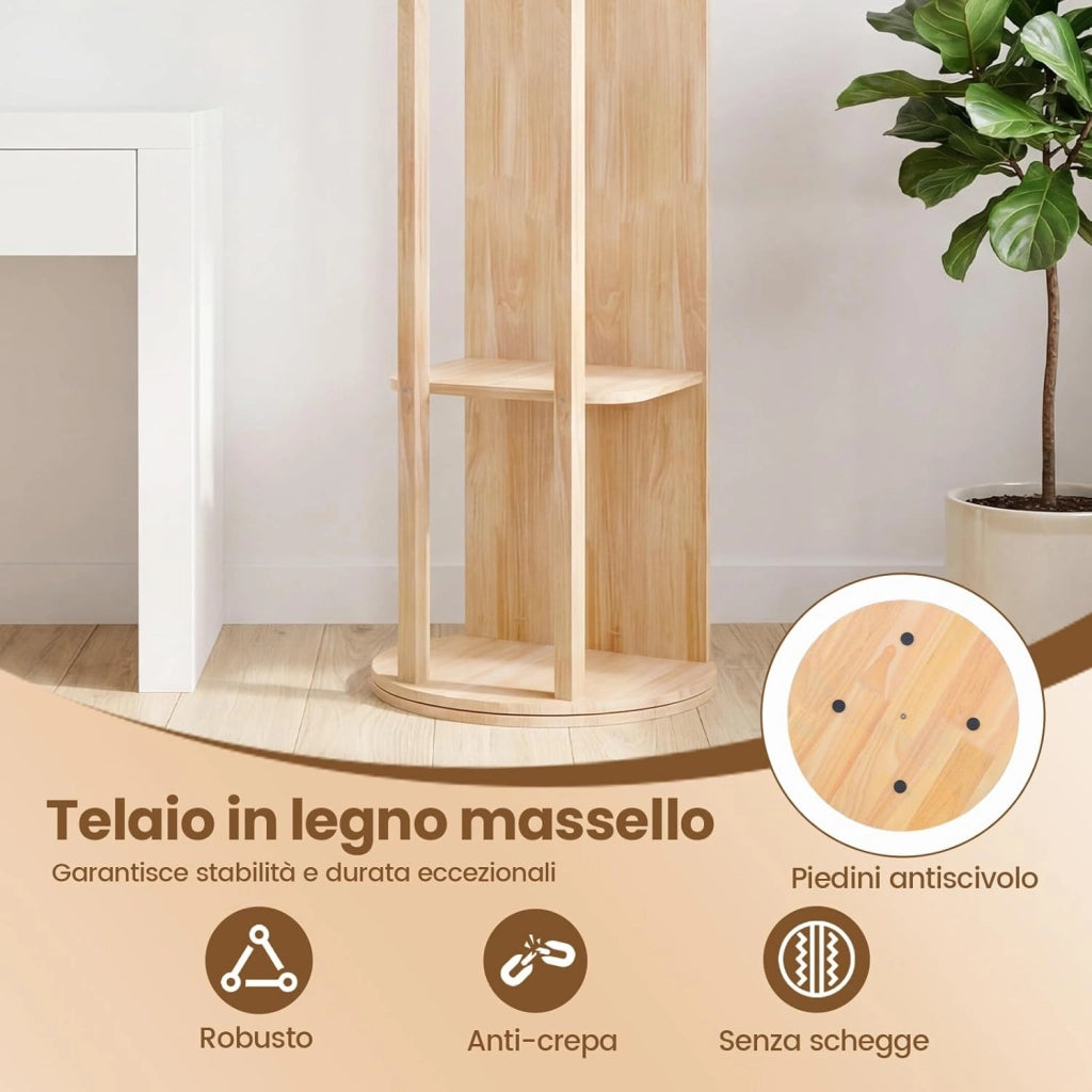 Appendiabiti Girevole a 360° con Specchio, Specchio a Figura Intera da Terra con Ripiani e Ganci, Appendiabiti per Soggiorno, Camera da Letto e Guardaroba (Stile 2)