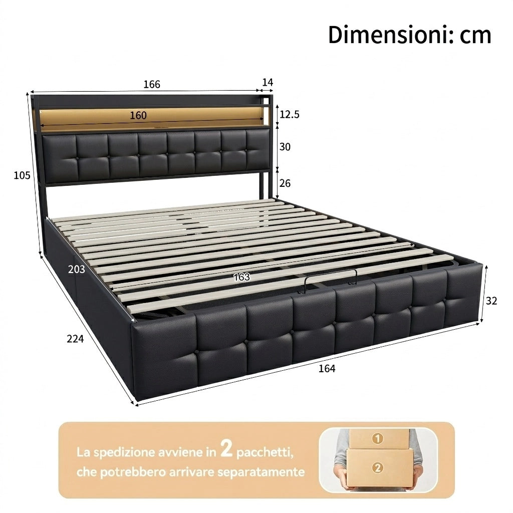 Letto matrimoniale 160x200 cm con contenitore LED USB testiera struttura letto MDF e PU - nero
