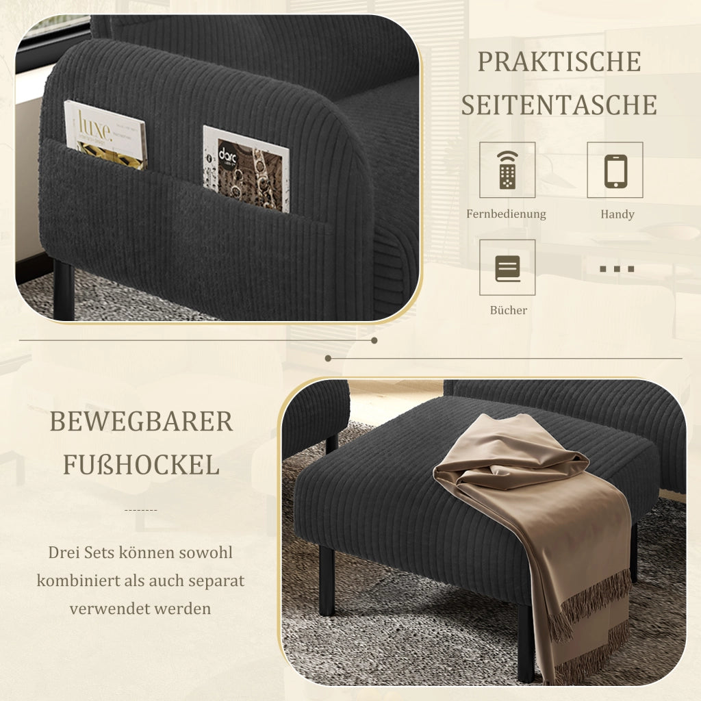 Set di Divani con 1 Divano 2 Posti; 1 Poltrona e 1 Poggiapiedi; Schienale Ergonomico e Tasca Laterale; per Soggiorno; Velluto a Coste; Grigio