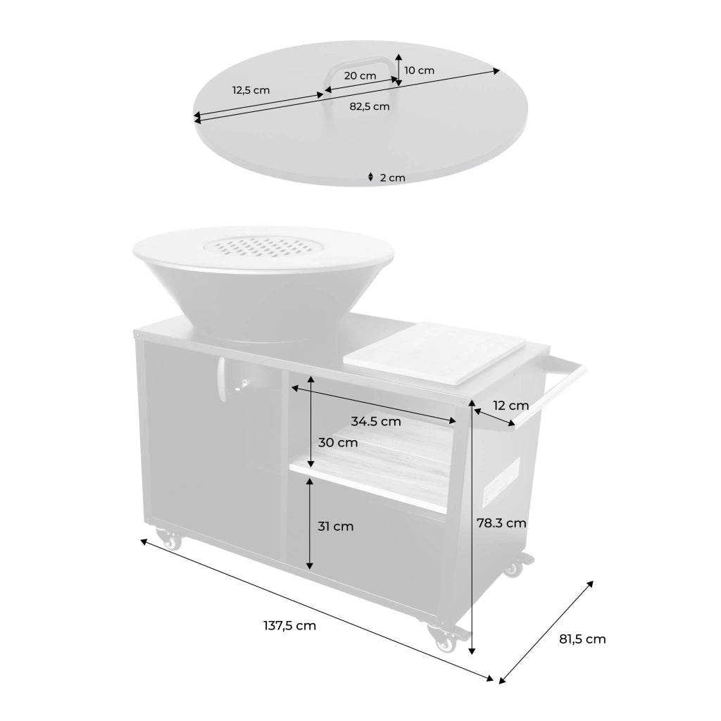 Braciere barbecue ø80cm, carrello con spazi di stoccaggio, coperchio e