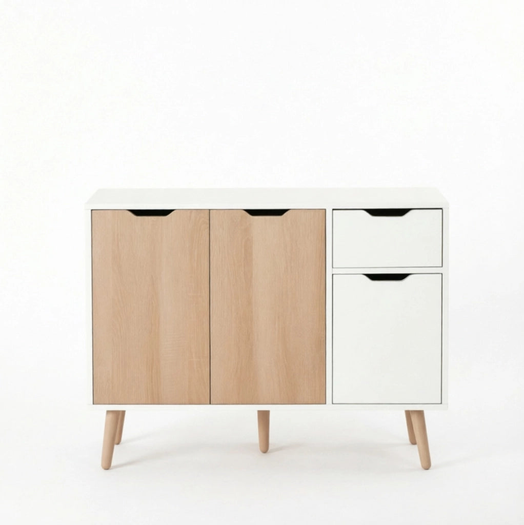 Credenza 90x30x72 cm in pannelli E1 e pino, bianco e rovere chiaro -