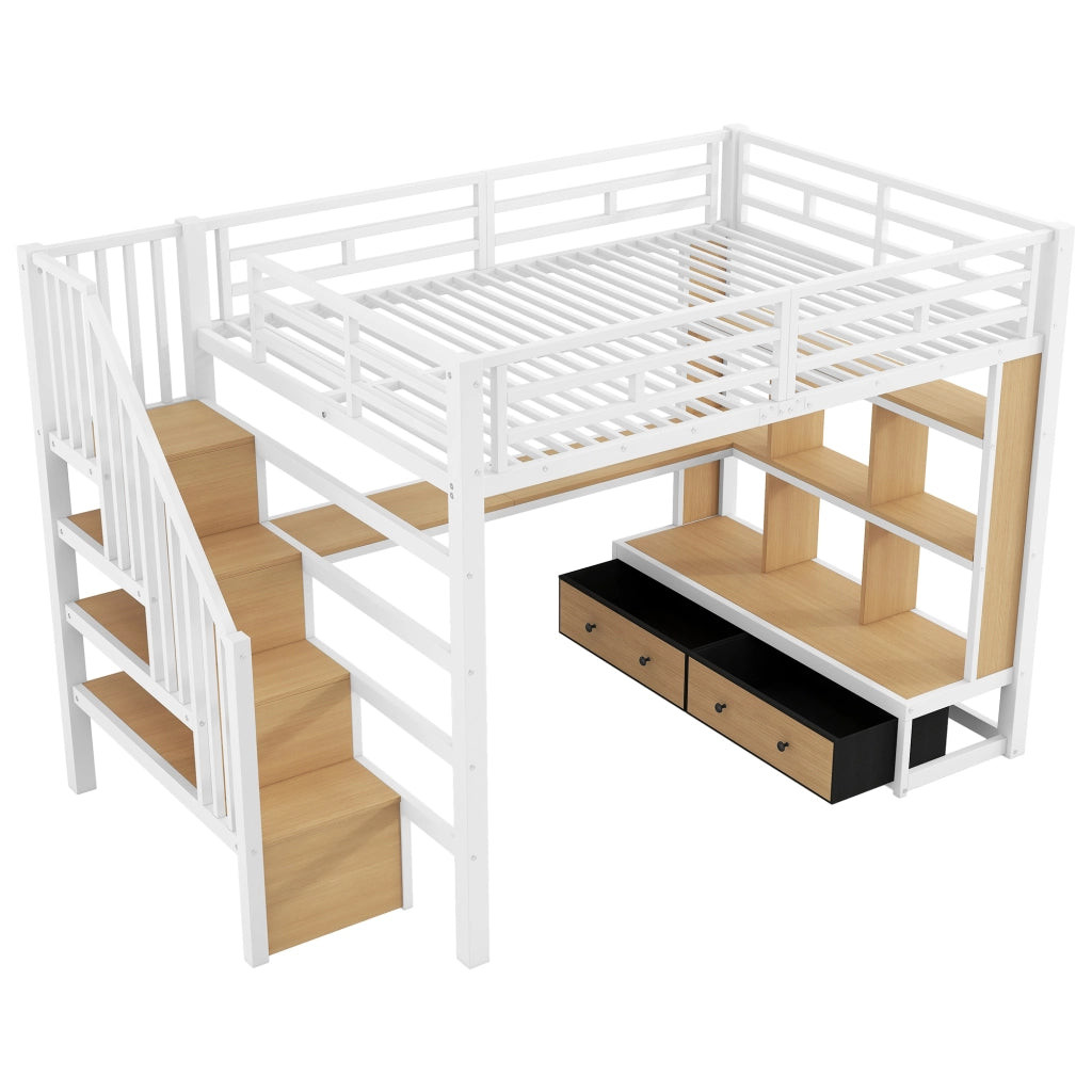Letto a soppalco 140x200 cm con scrivania; mensole; cassetti e LED; bianco