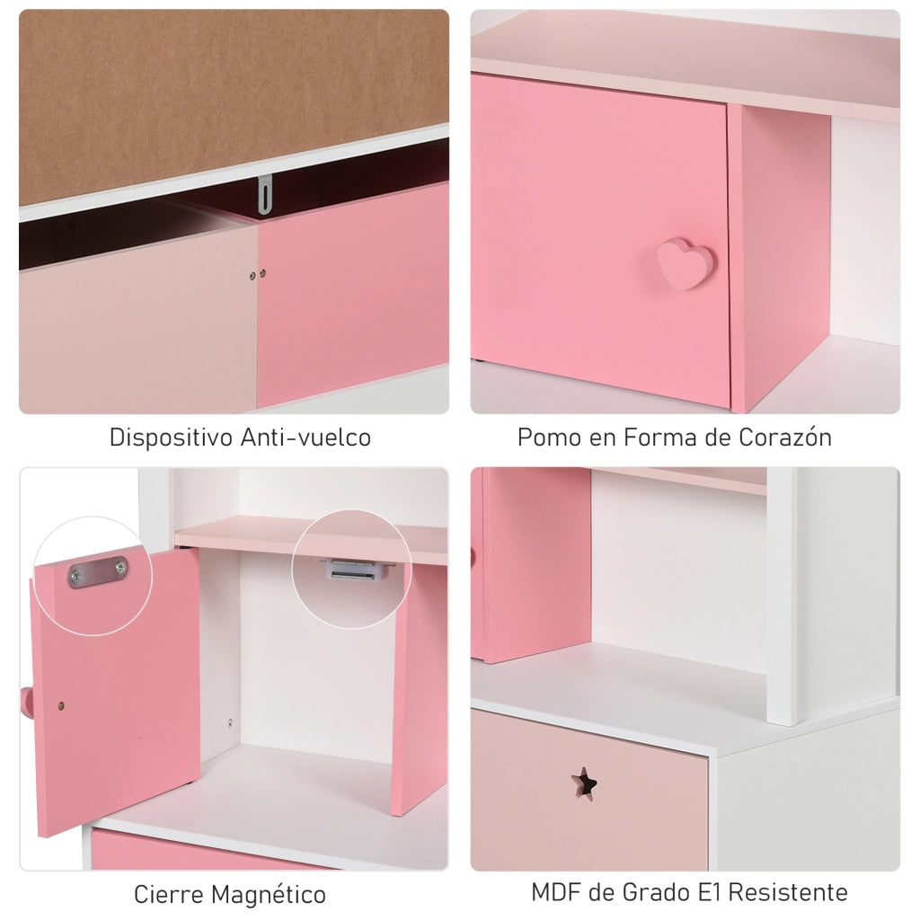 Libreria bambini con 4 ripiani, 1 porta e 2 cassetti ¨C zephmum ¨C rosa e bianco 80x34x130 cm