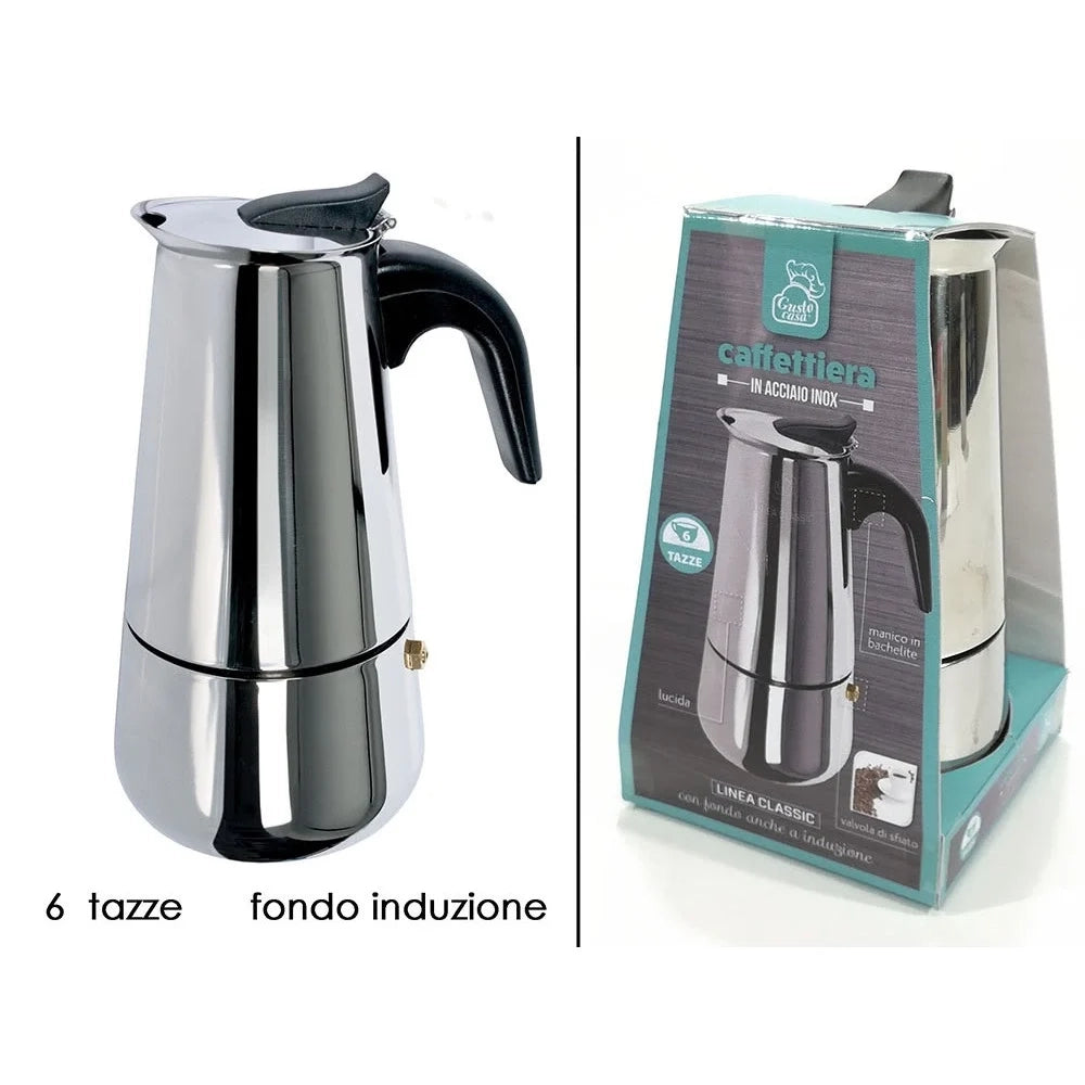 Trade Shop - Caffettiera Moka In Acciaio Inox Lucido Con Manico In Bachelite Da 6 Tazze Fondo Induzione -