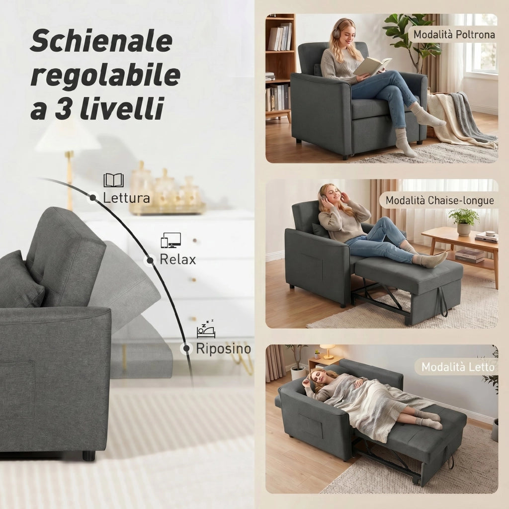 Poltrona Letto Singolo 69x82x85 cm con Schienale Reclinabile in Tessuto Effetto Lino e Legno Grigio