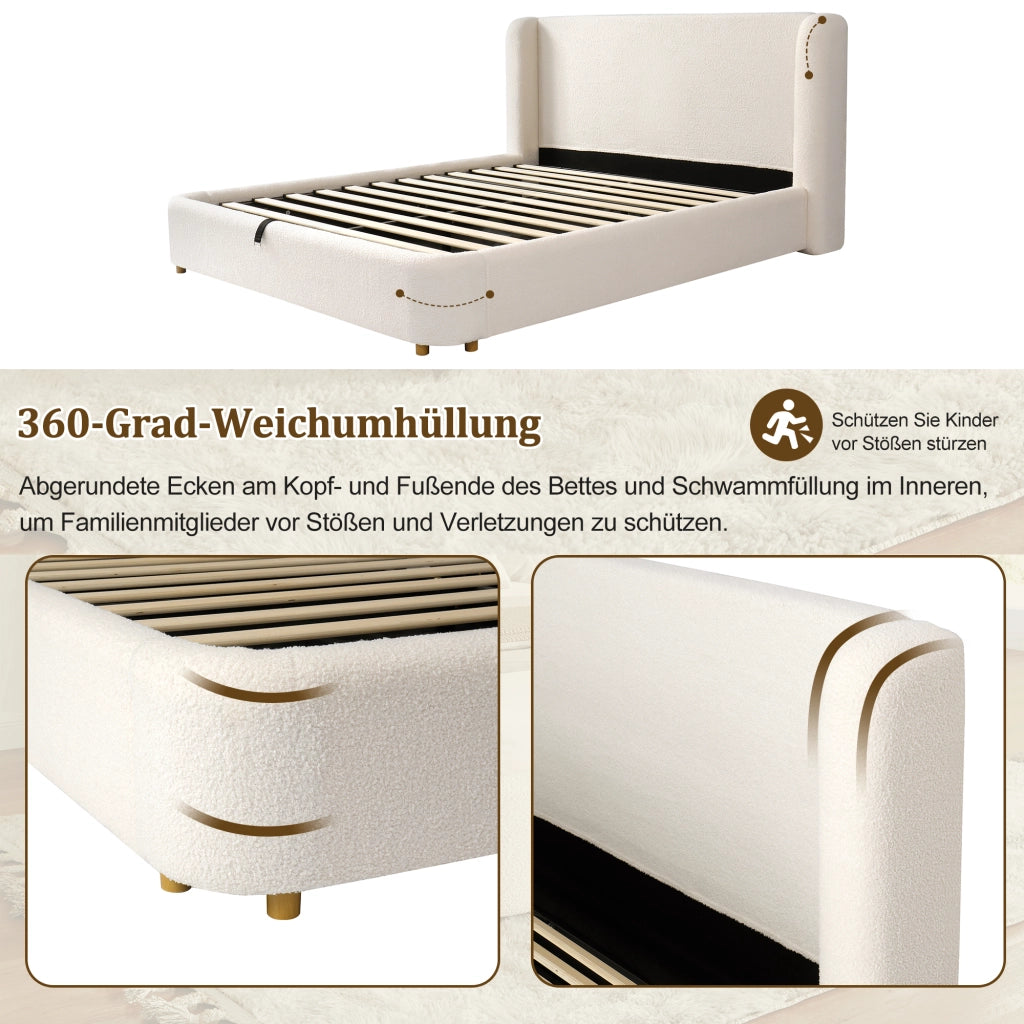 LETTO Contenitore sollevabile 160x200 cm Bouclé Beige con rete a doghe