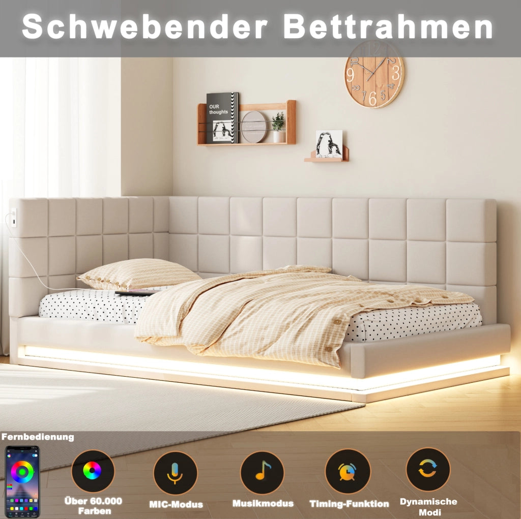 Divano letto 90x200 con LED; porta USB; rete a doghe; lino beige