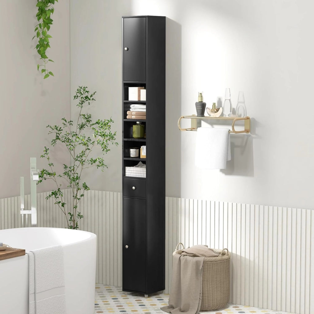 Armadio da Terra Alto, Mobile Colonna Bagno con 2 Ante 1 Cassetto e 5 Ripiani Regolabili, Mobile Bagno Salvaspazio per Bagno Soggiorno Camera da Letto, 20x20x180cm (Nero)