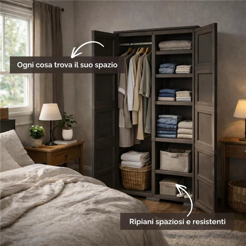 ARMADIO WENGÉ 2 ANTE 79X43X203 CM CON 6 SCOMPARTI E VANO PORTASCOPA – MOBILE ALTO ORGANIZZAZIONE CASA PER LAVANDERIA E INGRESSO