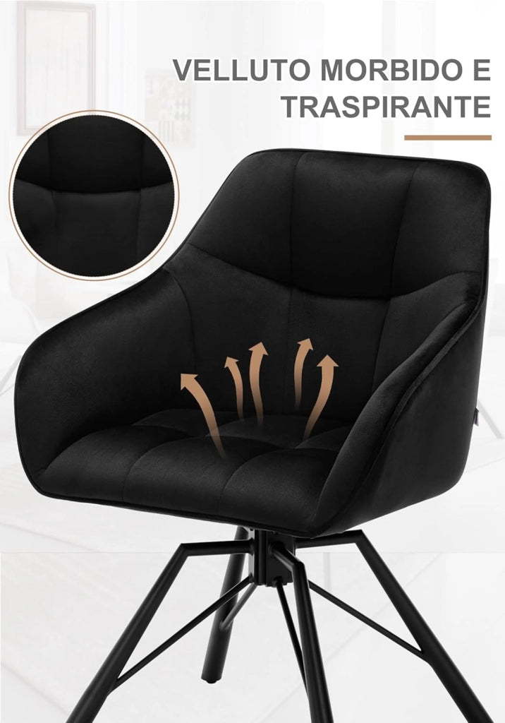 Set di 2 Sedie per Sala Pranzo Girevoli a 360°, Sedie da Cucina Imbottite con Gambe in Metallo, Poltroncine in Velluto, Camera da Letto, Soggiorno, Nero, BH365sz-2