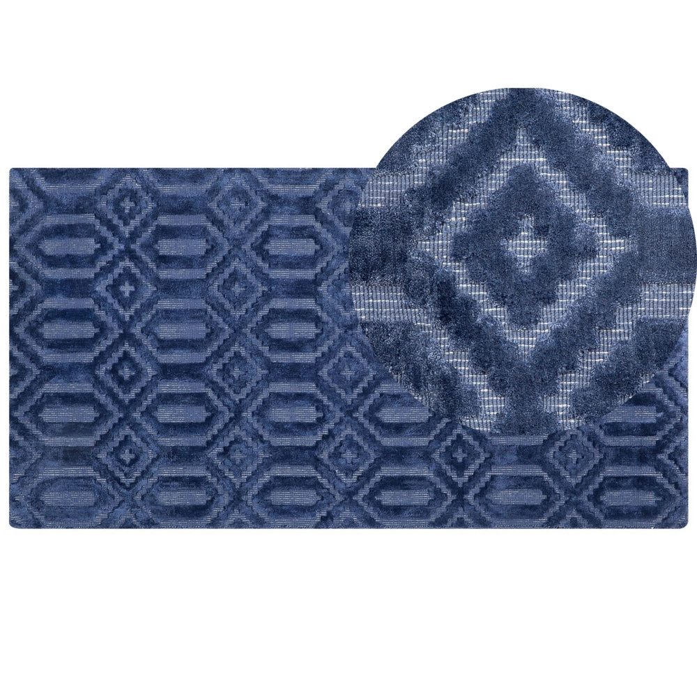 Tappeto Blu Viscosa 80 x 150 cm Motivo Geometrico Tessuto a Mano Flatweave