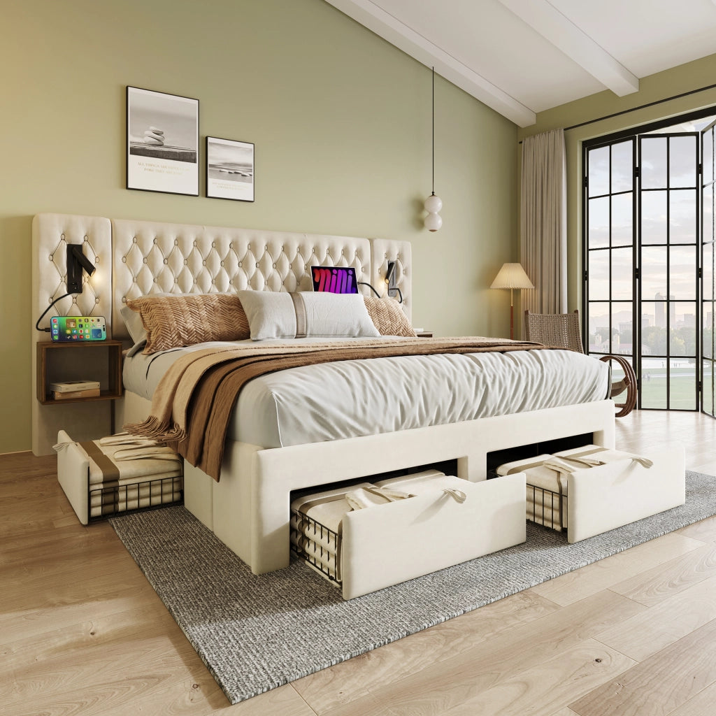 Set completo 180x200 in velluto beige 2 comodini 4 cassetti luce USB senza materasso
