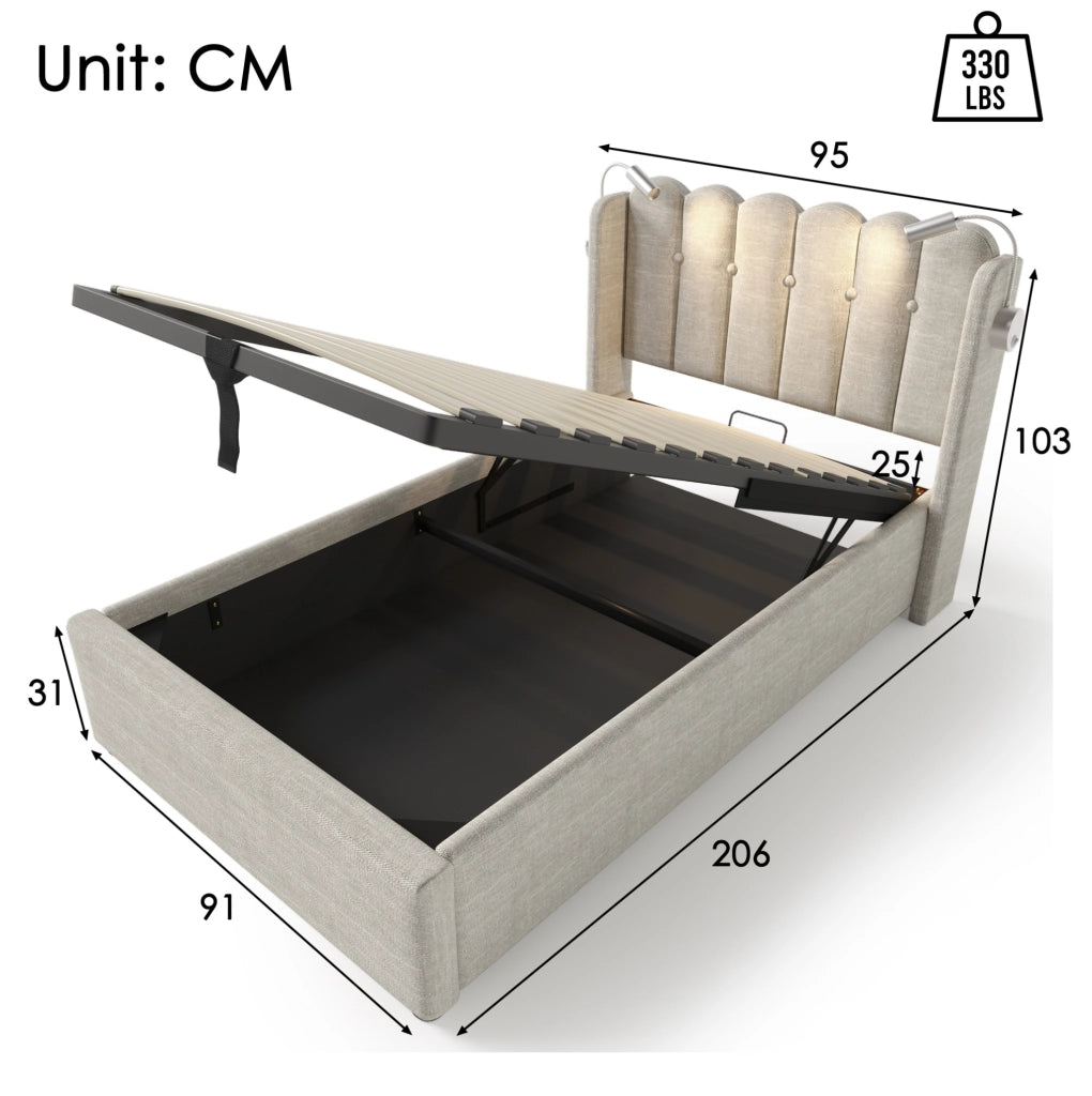 Letto singolo imbottito 90x200 cm in lino beige con luce da lettura; USB e contenitore