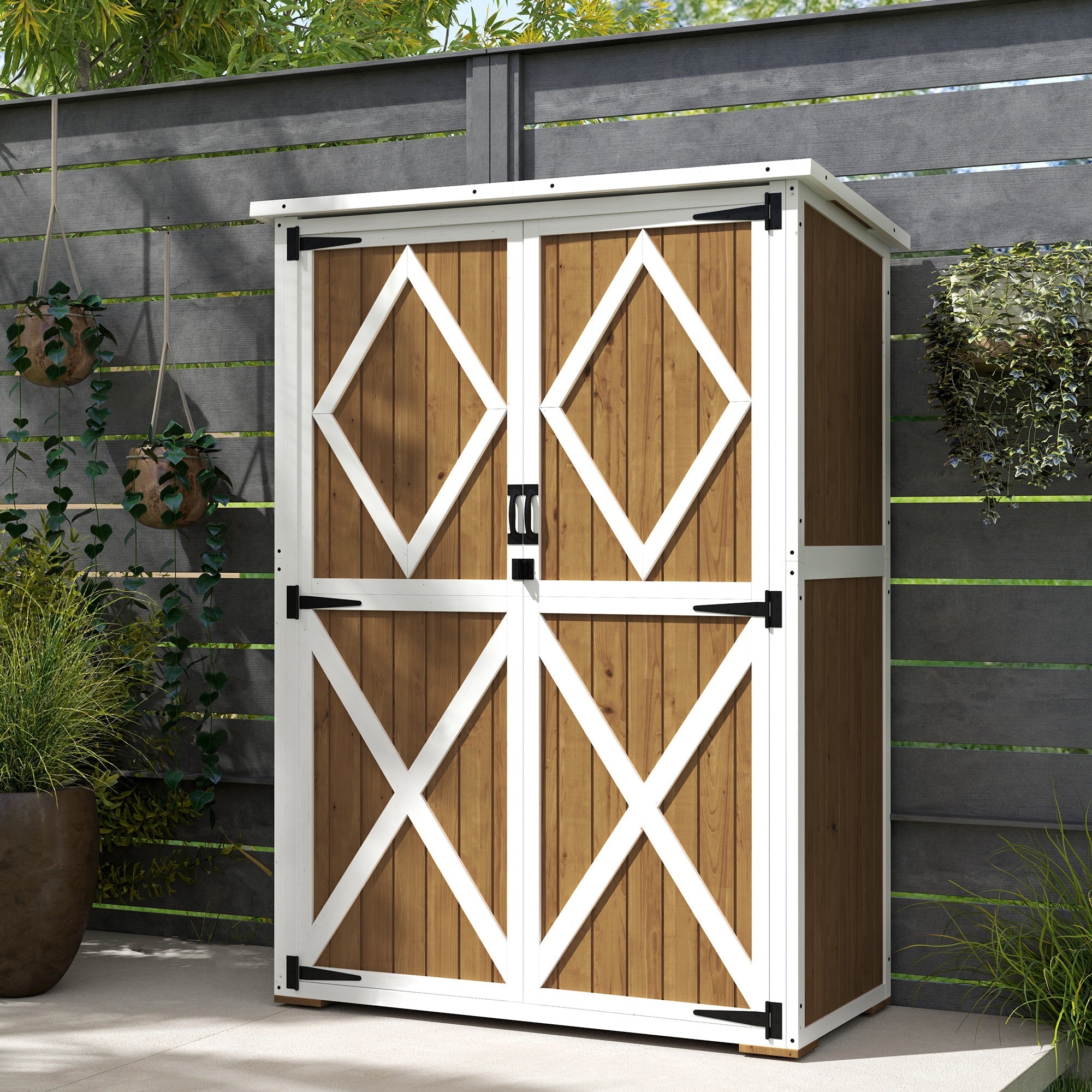 Armadio da Giardino 116,5x57x159-167 cm Tetto in Bitume in Legno di Abete Marrone e Bianco