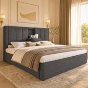 Letto matrimoniale imbottito 180x200 cm in lino grigio con contenitore; porta bicchieri e ricarica USB