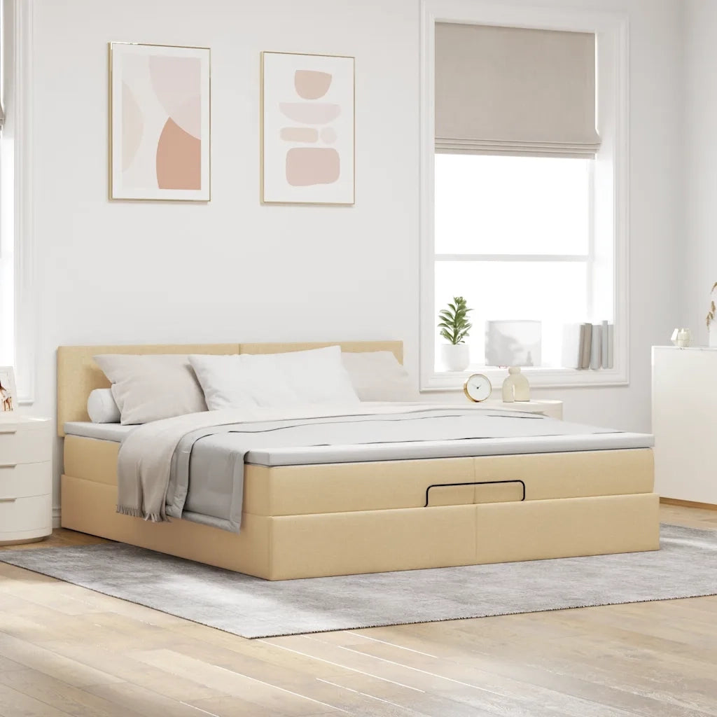 Struttura Letto Pouf con Materasso Crema 200x200cm in Tessuto