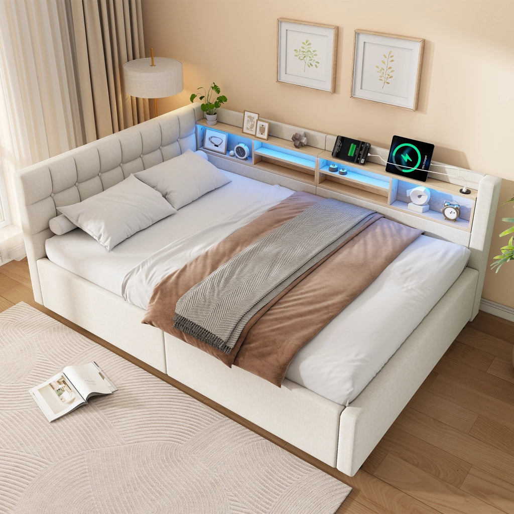 Letto matrimoniale contenitore 140x200 cm con sollevamento idraulico; LED; testiera con ripiano e USB; beige