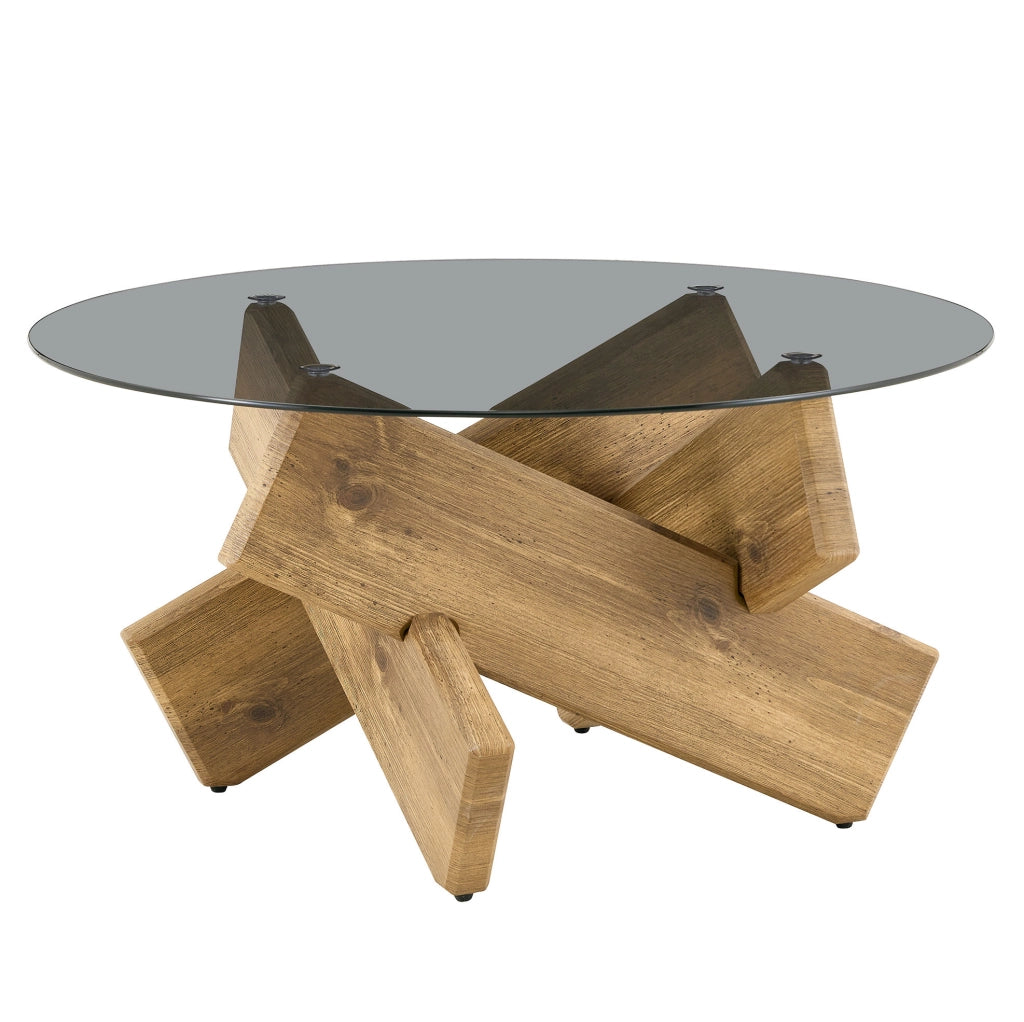 Tavolino rotondo Ø 79 cm color legno in MDF e vetro temprato
