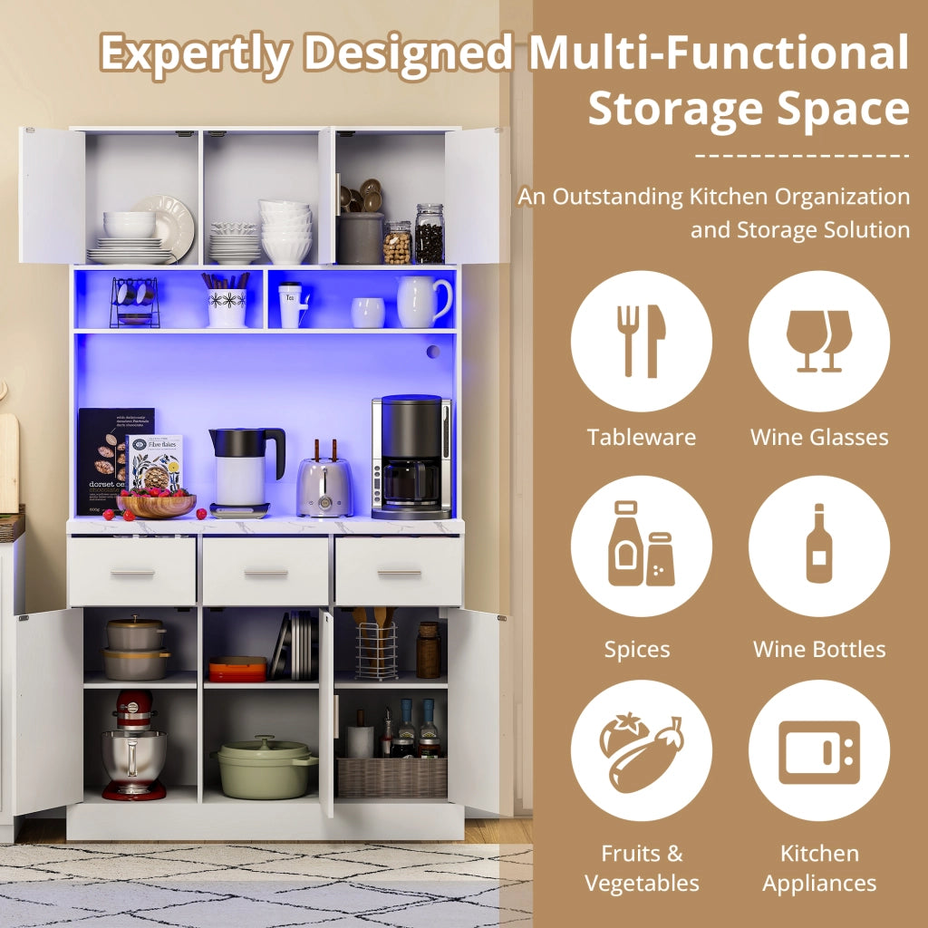 Credenza da cucina con 6 ante; 3 cassetti; ripiani regolabili; LED e prese USB; in MDF; 100 x 40 x 180 cm