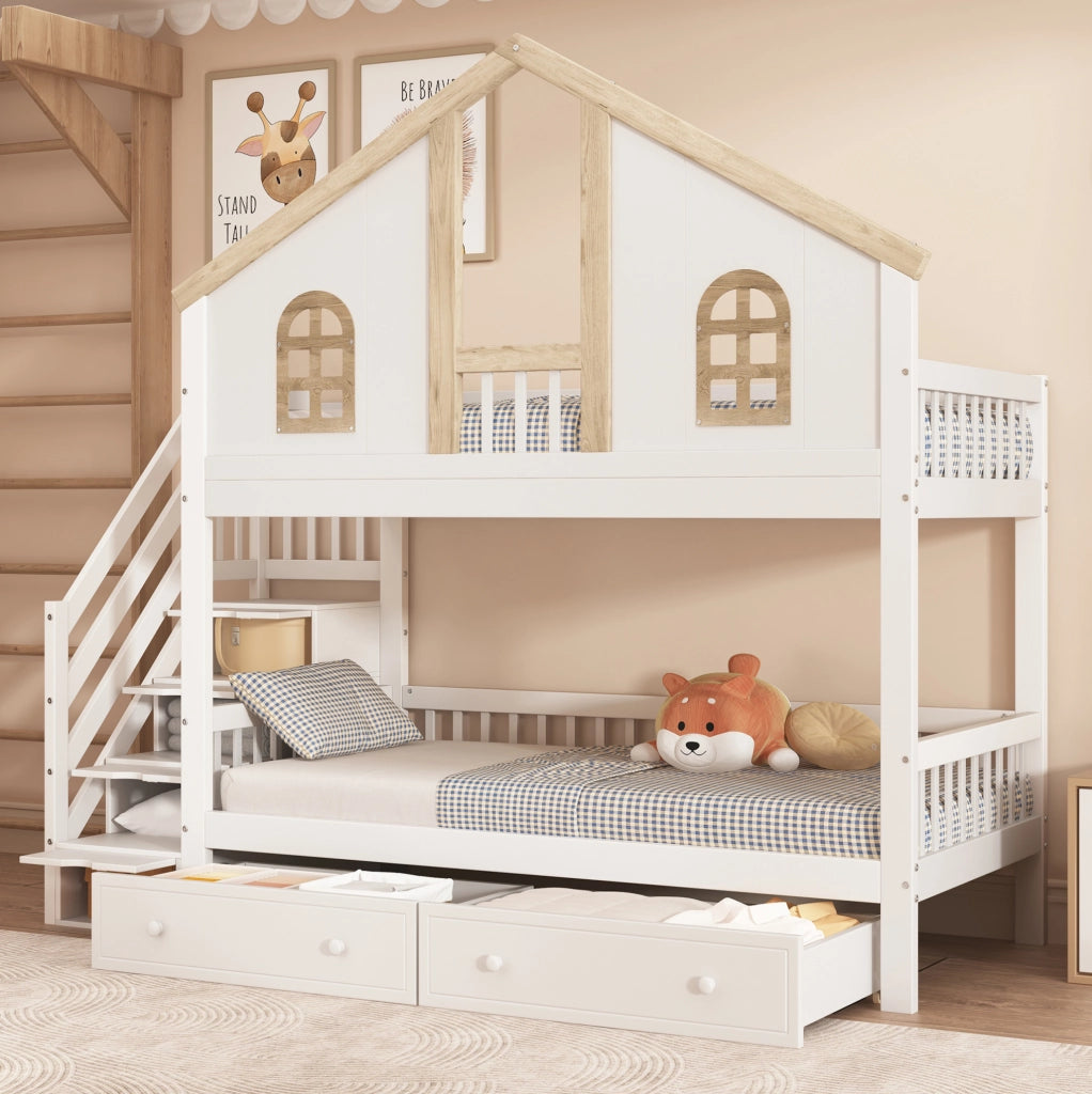 Letto a castello per bambini 90x200 cm con scala contenitore e 2 cassetti