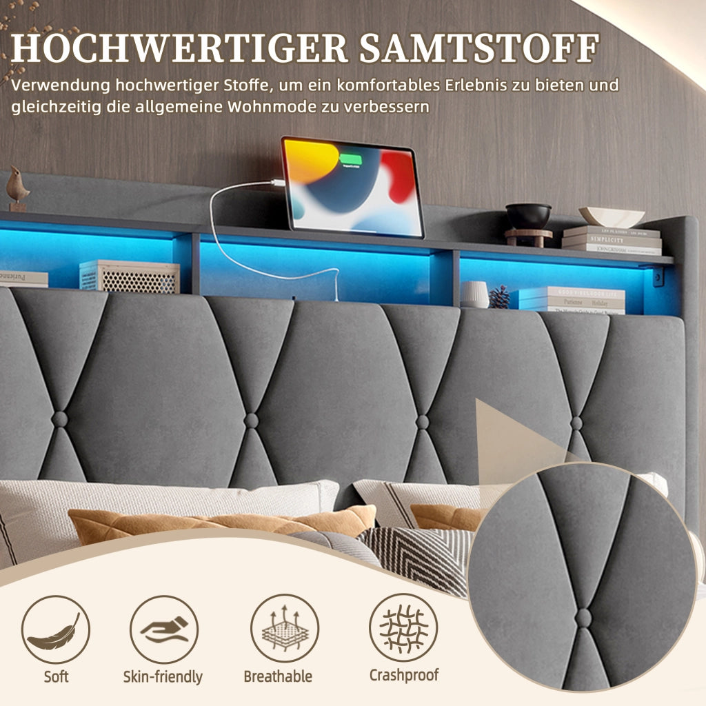 OKWISH Letto Contenitore 140×200 cm, Letto Matrimoniale con LED, USB, Tipo C e Testiera con Contenitore, senza Materasso, in Velluto, Grigio