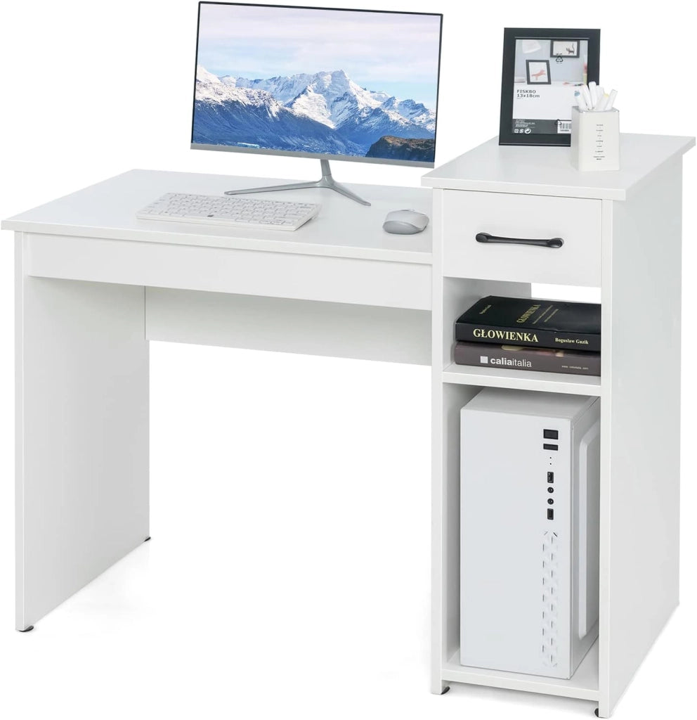 Scrivania con Cassetto, Scrivania da Computer, Tavolo da ufficio, 104 x 50 x 82cm (Bianco)