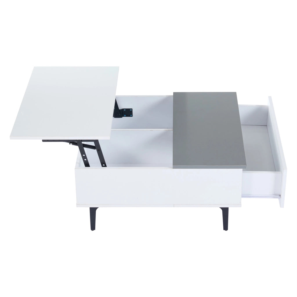 Tavolino alzabile con LED; vani e cassetto - per soggiorno - MDF - 70×70×35 cm - bianco