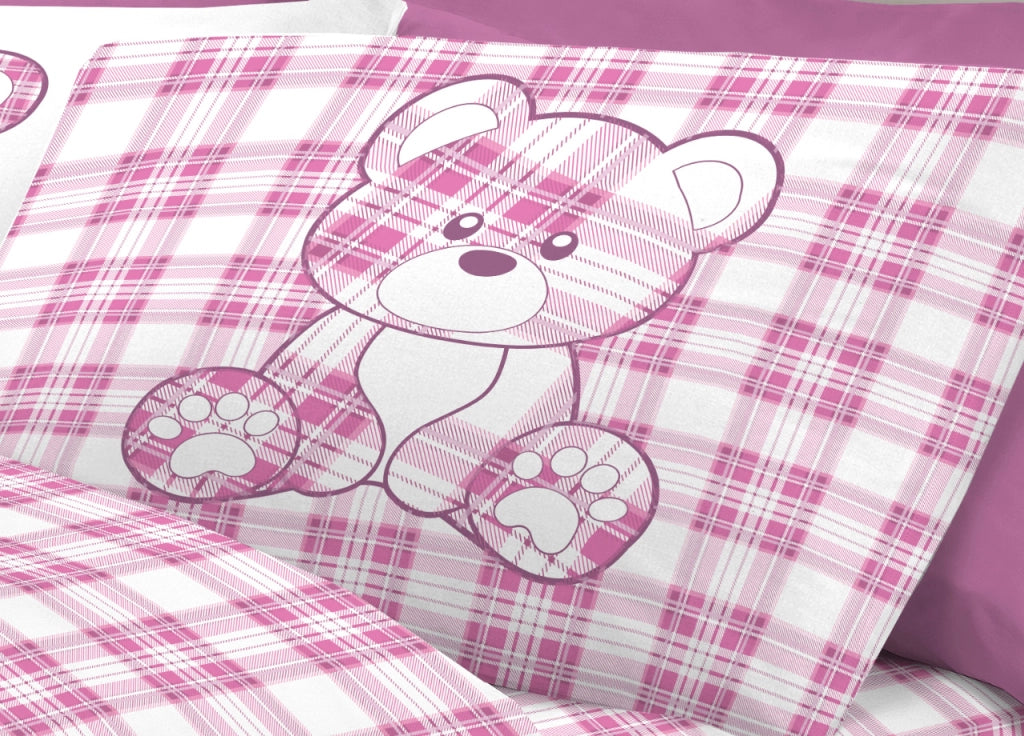 Completo Lenzuola Linea Pensieri Delicati 100% Cotone Orsetto Tartan Primavera - Piazza E Mezza - Rosa