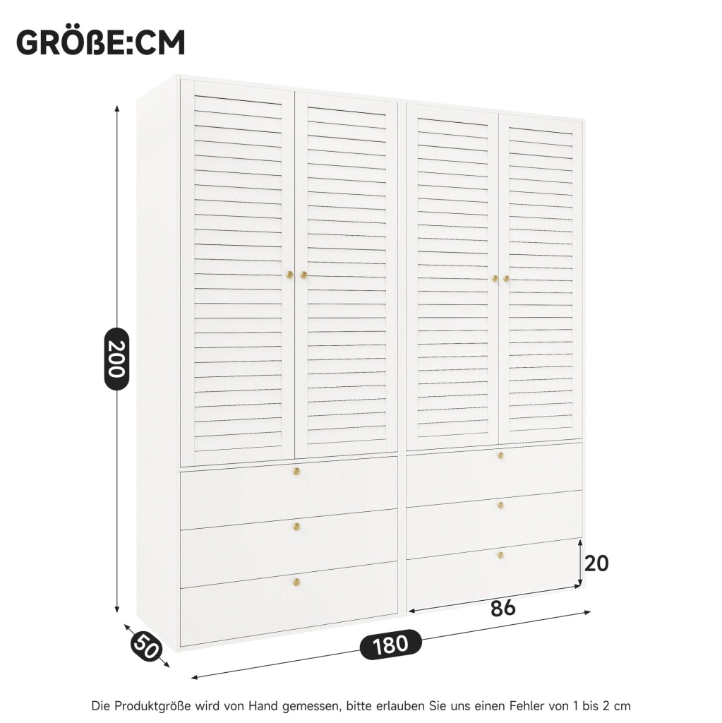 Armadio 4 ante con 6 cassetti e 2 aste appendiabiti; bianco; 180x50x200 cm
