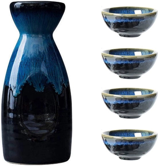 Set di sake in ceramica giapponese, ceramica, 4 tazze di sake, 1 pentola di sake, 5 pezzi, set di sake tradizionale in porcellana, tazze di ceramica artigianali per vino, calibro per temperatura, bicchieri per vino.