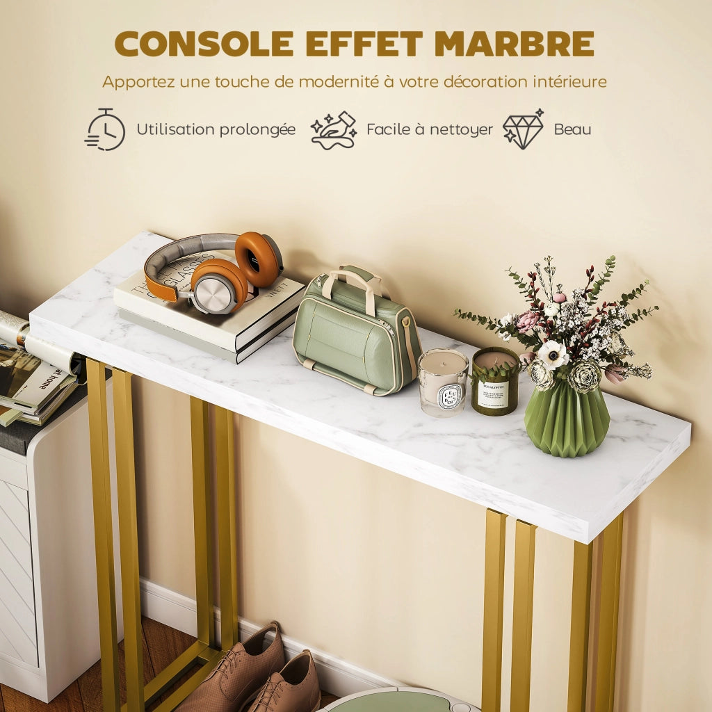 Tavolo console con piano in marmo effetto ¨C zephmum ¨C bianco oro 100x30x78,5 cm