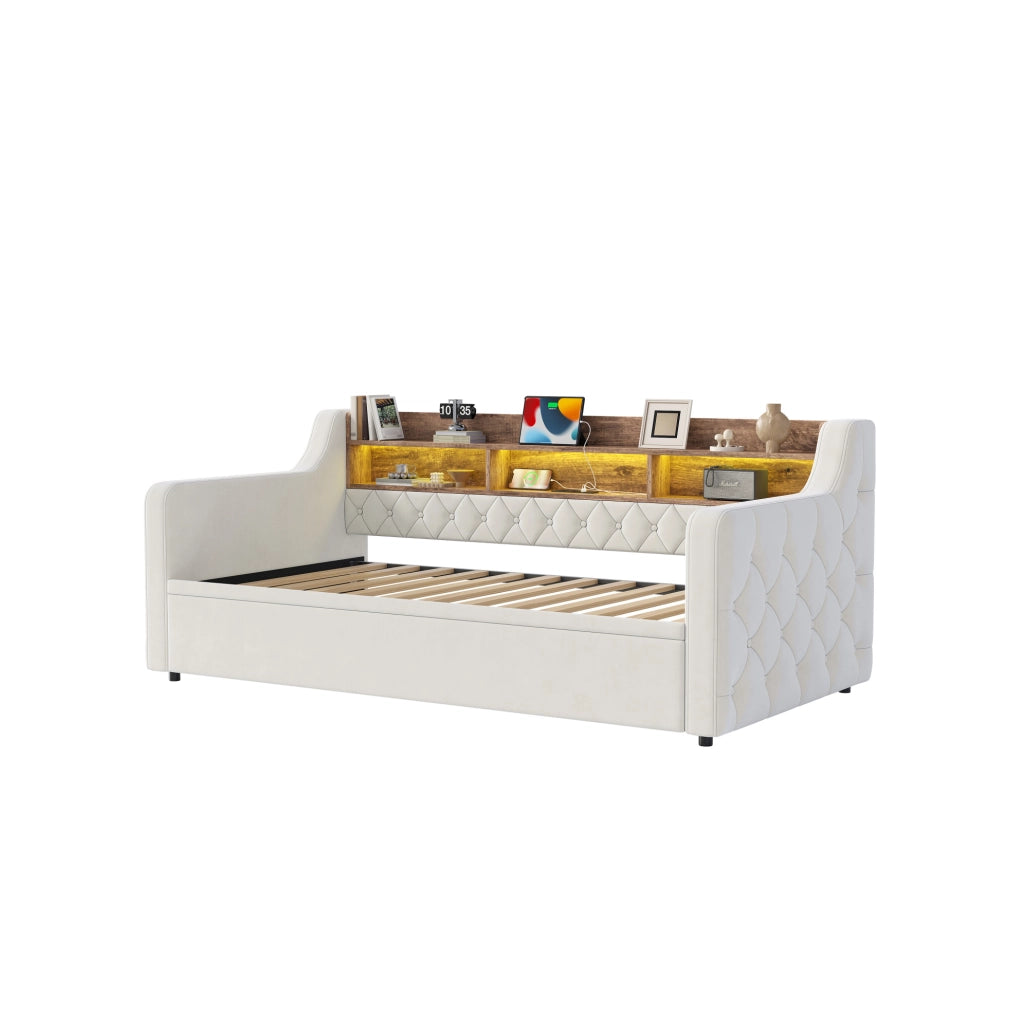 Divano letto 90x190 cm estraibile; testiera contenitore; LED; USB e Type-C in velluto beige
