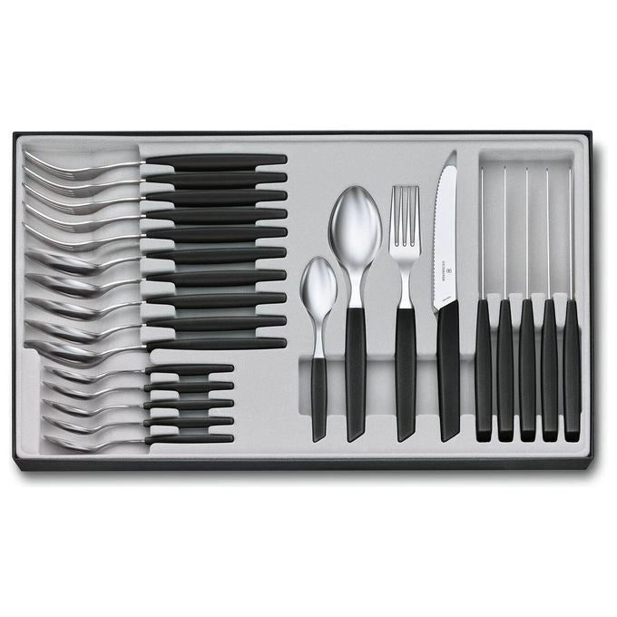 Victorinox 6.9093.11W.24 Swiss Modern Set da Tavola 24 Pezzi con Coltelli a Lama Seghettata Acciaio Inox 18-10 colore Nero