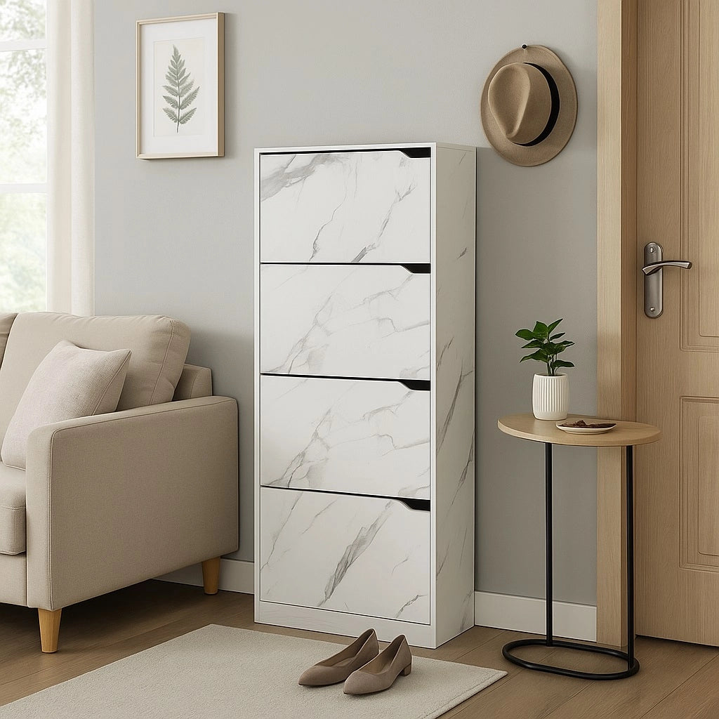 Scarpiera 4Ante Doppia Profondità Salvaspazio Bianco Marmo 63x24 H150cm Mdf