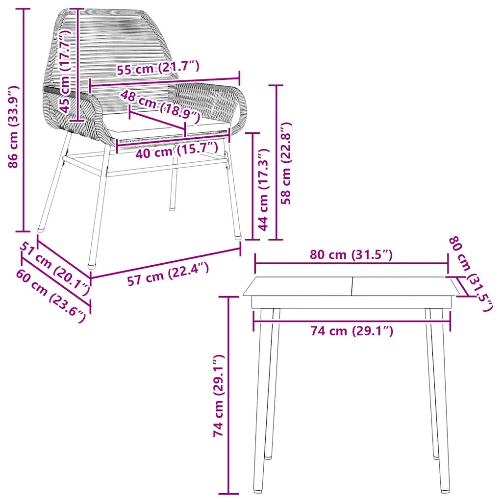 Set da Pranzo da Giardino 3 pz con Cuscini Polyrattan Vetro
