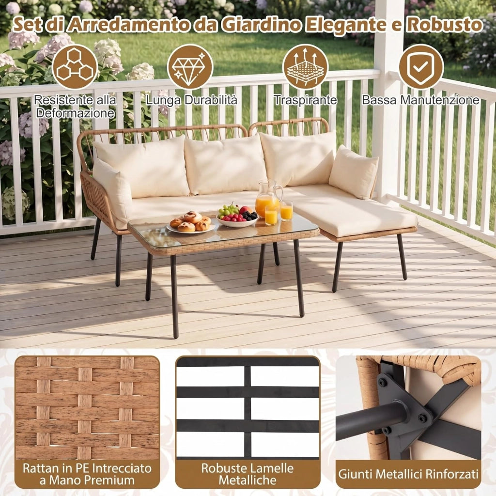 Set di 3 Pezzi Mobili da Giardino, 2 Divani in PE Rattan con Cuscini Imbottiti, Tavolino da Caffè Rotondo con Piano in Vetro Temperato, Facile da Pulire, per Cortile, Terrazza e Balcone