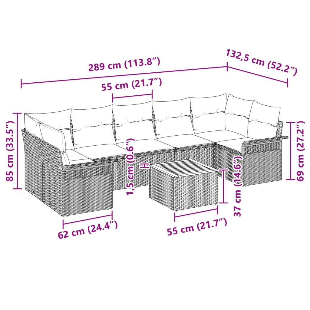 Set Divani da Giardino da 8 Pezzi con Cuscini Beige Poly Rattan Acacia