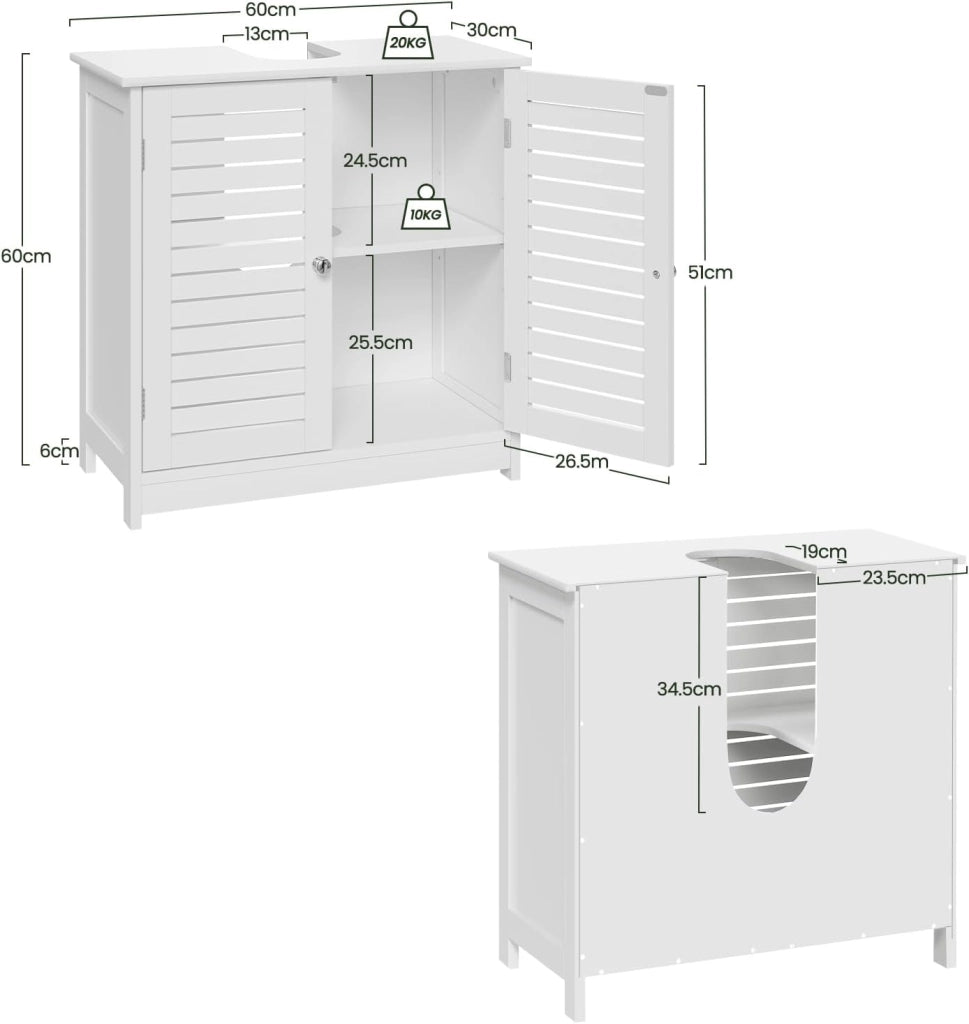 Mobiletto Sottolavabo Sottolavello Bianco Armadietto sotto Lavandino per Bagno con Due Ante in Legno