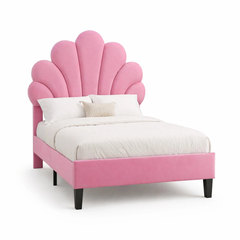 Letto imbottito 90x200 cm in velluto rosa con testiera a fiore e rete a doghe