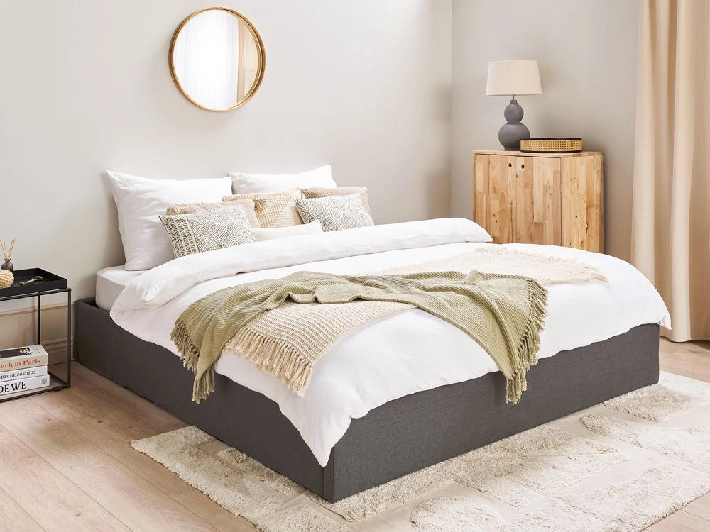 Letto a doghe in tessuto di poliestere grigio imbottito ottomana contenitore 180 x 200 cm design moderno