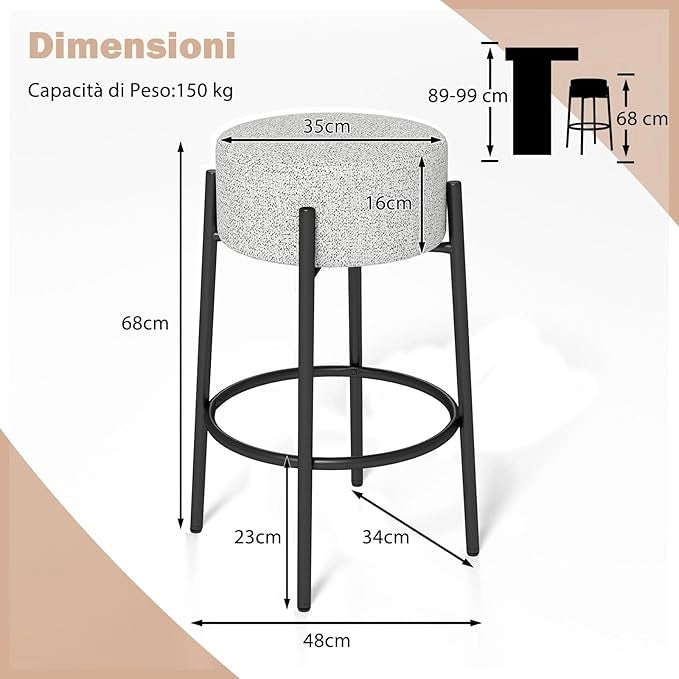 Sgabello da Bar 48 x 48 x 68 cm, Sedia da Pranzo con Seduta Imbottita e Base in Metallo, Sgabello Imbottito inTessuto di Lino per Isola della Cucina e Sala da Pranzo, Grigio