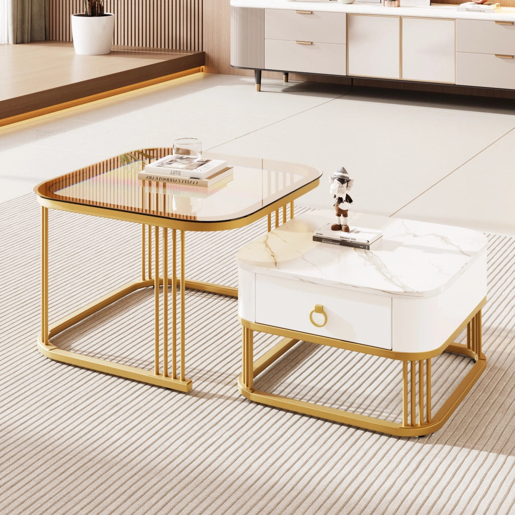OKWISH Tavolini da Salotto Impilabili Quadrati con 1 Cassetto, Piano Effetto Marmo Lucido e Vetro, MDF, Bianco 60×60×42.5 cm